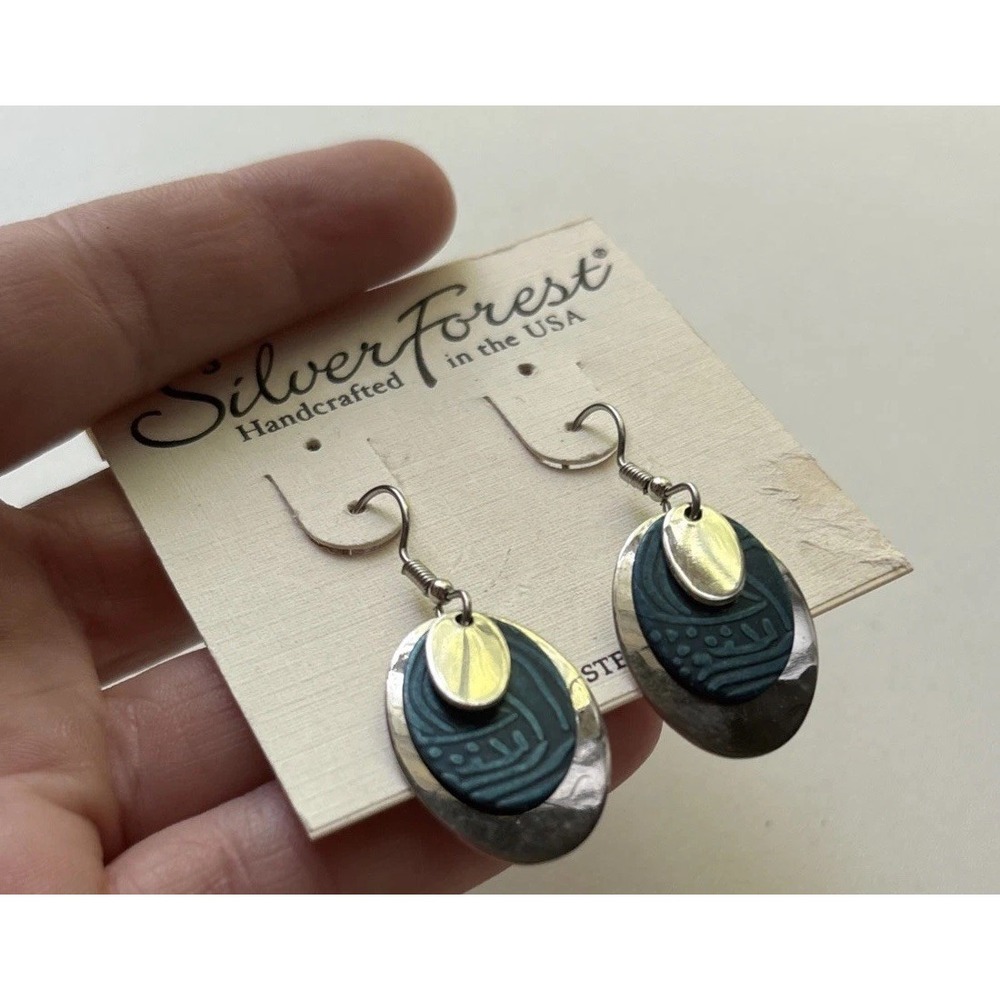 Silver Forest USA Earrings Circle Discs Layered Textured Blue Silver Tone Dangle